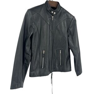 Wilson Leather black leather moto jacket corset-style lace-up back zipped cuffs